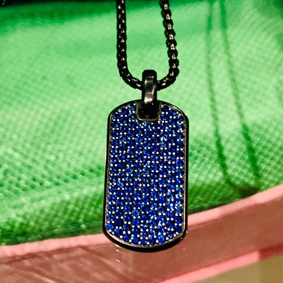 David Yurman PAVÈ Blue Sapphire Black Titanium Steel Silver Dog Tag. - Picture 5 of 15